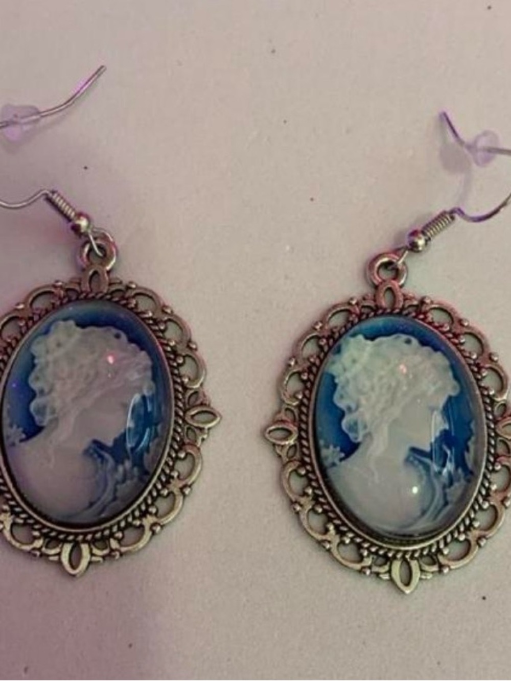 Charming Cameo Drop Earrings in Blue and White with Silver Tone Backing (Z-13)